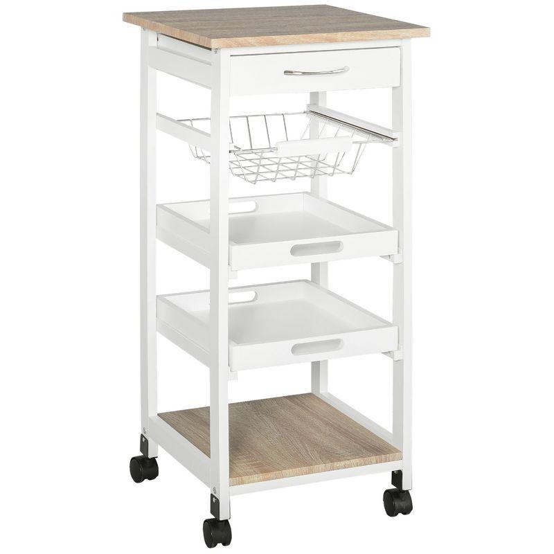 HOMCOM Mobile Rolling Kitchen Island Trolley Serving Cart with Underneath Drawer & Slide-Out Wire Storage Basket, White