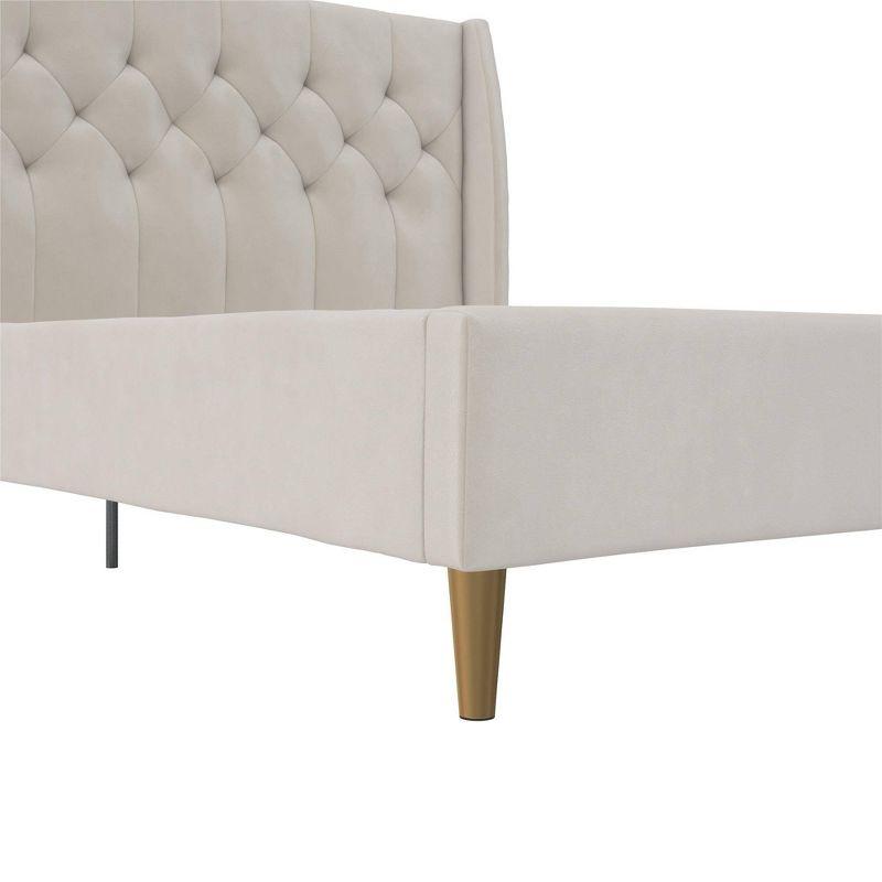 Ivory Velvet Queen Platform Bed with Diamond Tufted Wingback Headboard