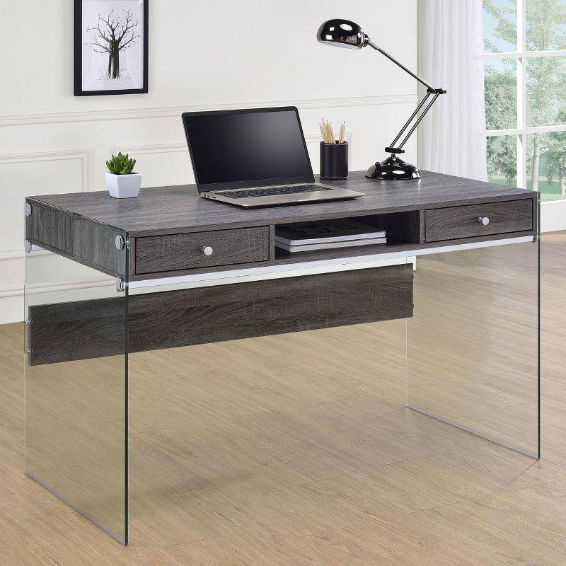 Weathered Gray 2-Drawer Writing Desk with Glass Sides