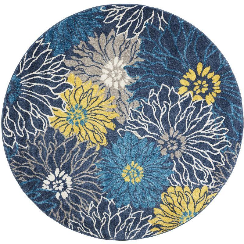 Blue and Yellow Floral Round Synthetic Area Rug, 5'3"