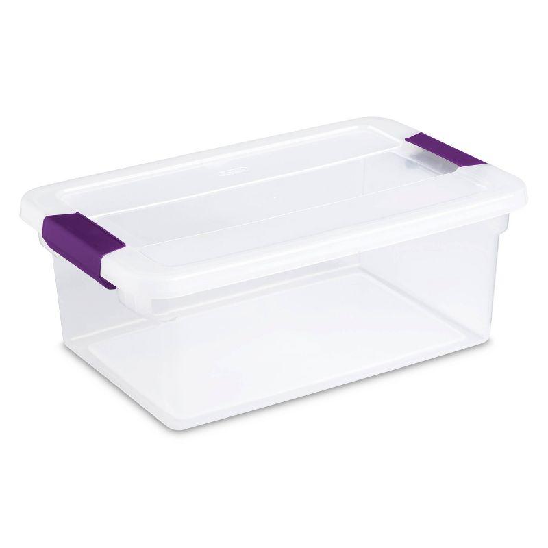 Clear 15 Qt Stackable Plastic Storage Box with Purple Latch