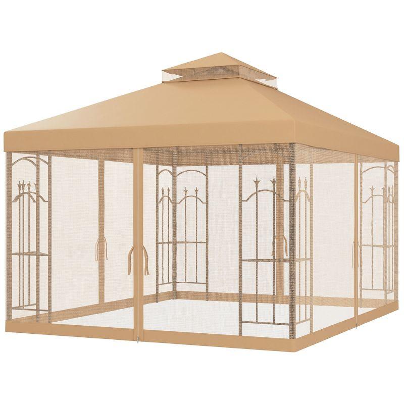 Outsunny Steel Outdoor Patio Gazebo Canopy with Removable Mesh Curtains, Display Shelves, & Steel Frame