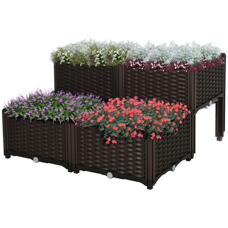 Outsunny 4-Piece Raised Garden Bed Planter Raised Bed with Self-Watering Design and Drainage Holes for Flowers, Brown