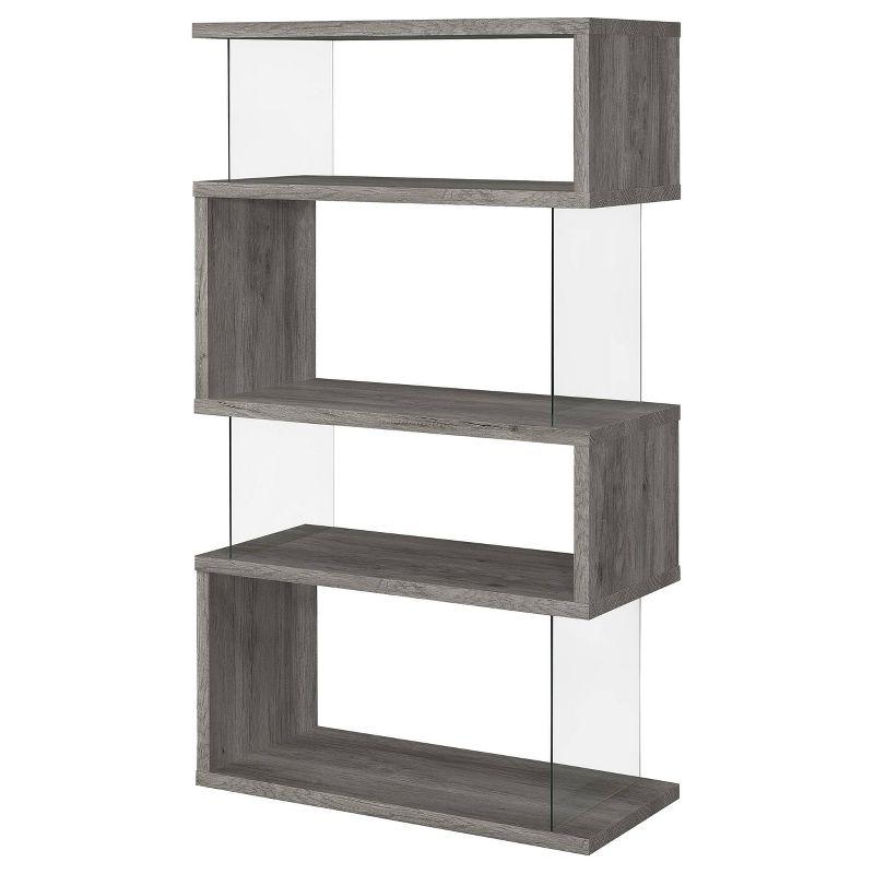 Coaster 63" Emelle 4 Shelf Zig Zag Bookcase with Glass Panels Gray Driftwood: Modern Style, Laminated Melamine Veneer, Metal Hardware