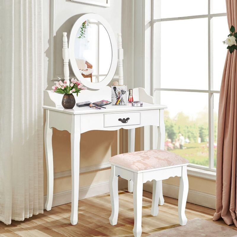 Tangkula Bathroom Vanity Wood Makeup Dressing Table Stool Set Jewelry Desk W/Drawer &Mirror White