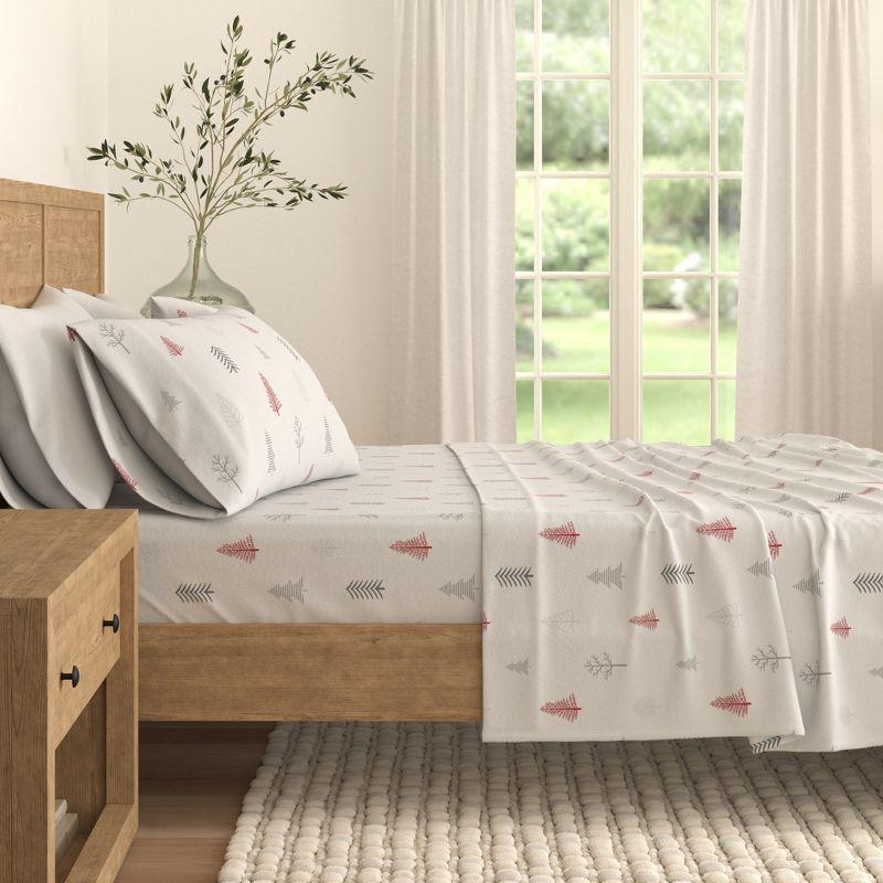 Winter Trees Red and Gray Cotton Flannel King Sheet Set