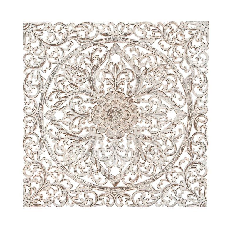 Wood Floral Handmade Intricately Carved Wood Wall Decor with Mandala Design Brown - Olivia & May: Traditional Style, Botanical Art