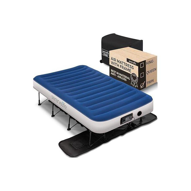 SereneLife EZ Air Mattress with Frame & Rolling Case, Foldable Self-Inflating Air Bed with Built in Pump, Twin