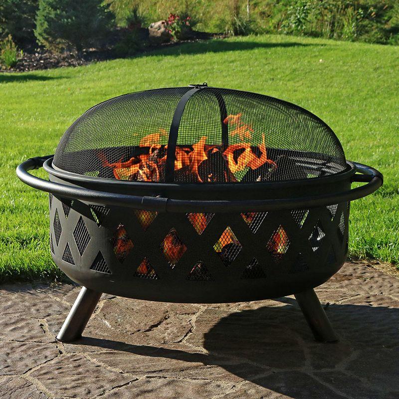 Sunnydaze Crossweave Heavy-Duty Steel Outdoor Fire Pit with Spark Screen, Poker, Grill, and Cover - Black