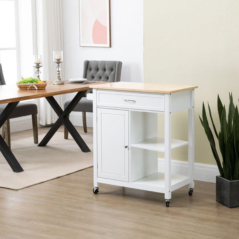 HOMCOM Rolling Kitchen Cart with Wood Top, Kitchen Island with Storage Drawer on Wheels for Dining Room, White