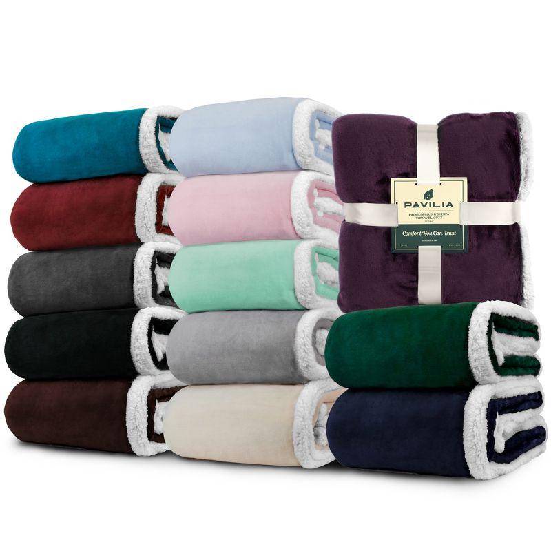 PAVILIA Premium Faux Shearling Fleece Throw Blanket for Bed, Reversible Warm Blanket for Couch Sofa, Light Gray/Throw - 50x60