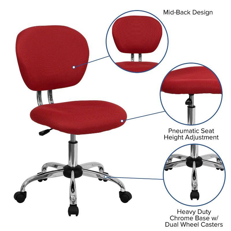 Mid-Back Armless Red Mesh Task Chair with Chrome Swivel Base