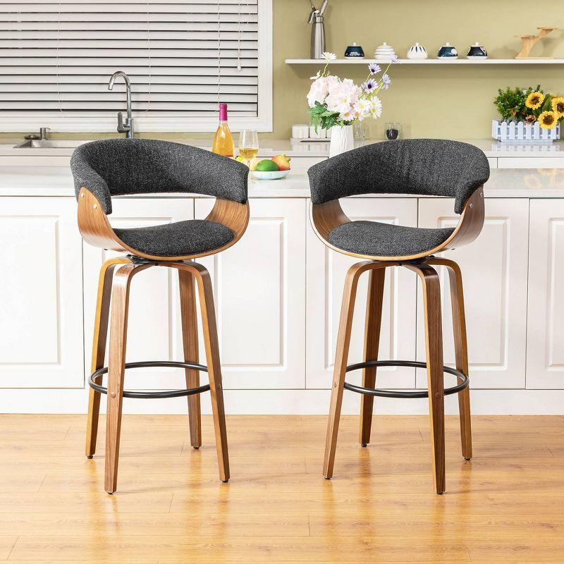 Set of 2 Mid-century Modern Walnut Bentwood Swivel Barstools - Glitzhome