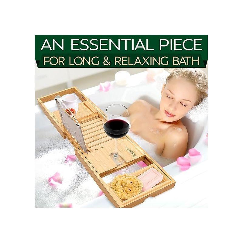 SereneLife Luxury Bamboo Bathtub Caddy - Adjustable Natural Wood with Glass Holder