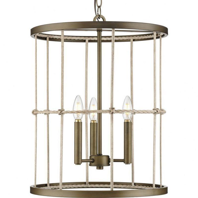 Aged Brass 3-Light Pendant with Woven Metal and Rattan Cage