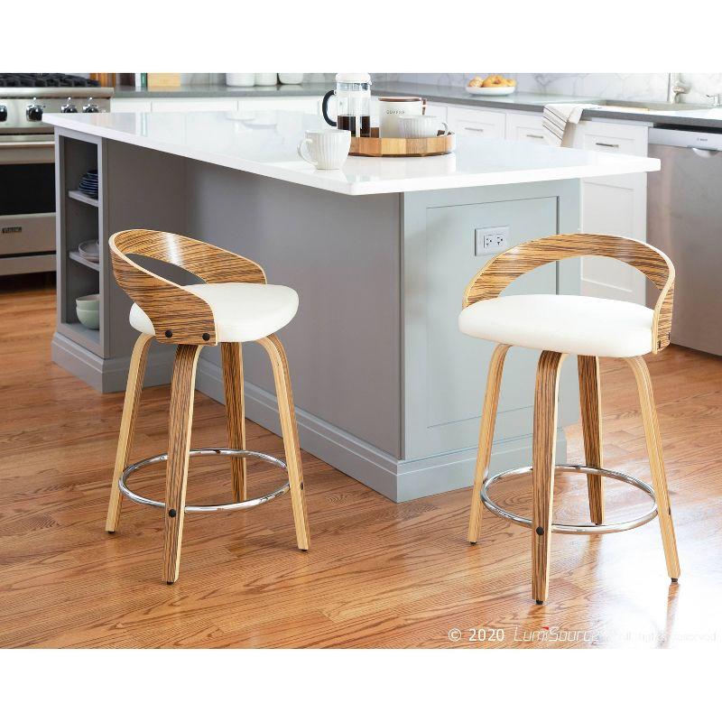 Zebra Wood and White Faux Leather Swivel Counter Stools, Set of 2