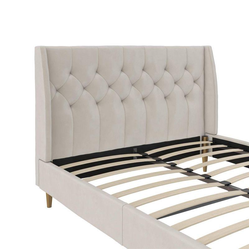 Ivory Velvet Queen Platform Bed with Diamond Tufted Wingback Headboard