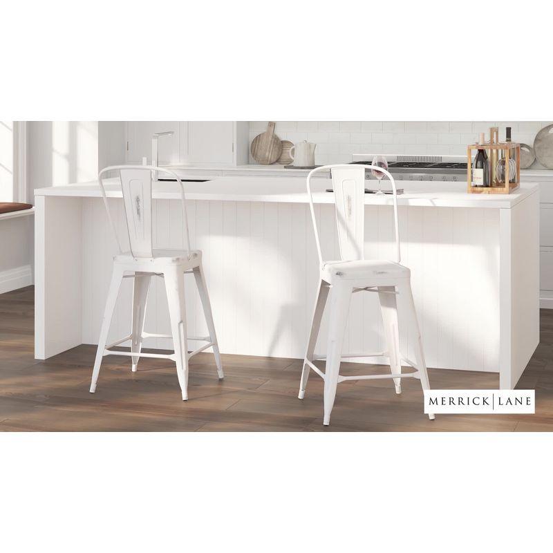 Merrick Lane 24" Metal Indoor-Outdoor Counter Stool with Vertical Slat Back and Integrated Footrest in Distressed Green-Blue