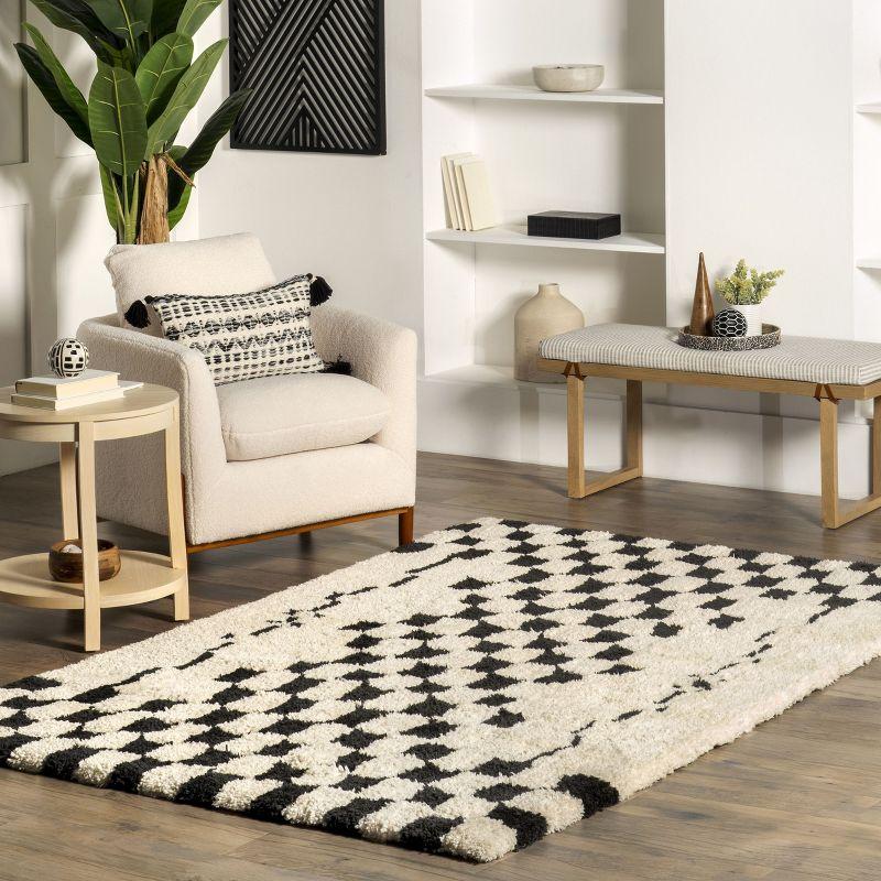 Ivory and Black Checkered Shag Synthetic Area Rug