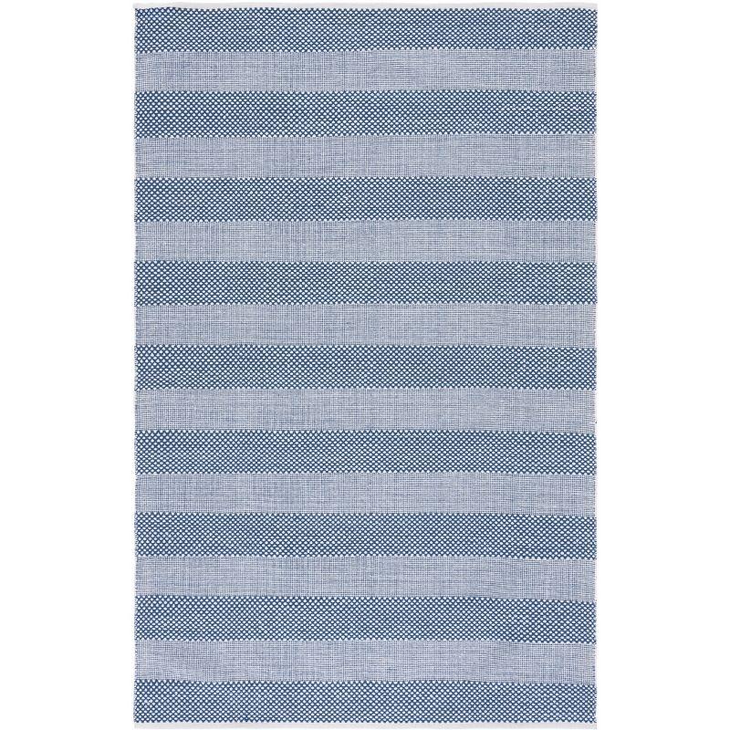 Ivory and Blue Striped Wool Cotton Area Rug