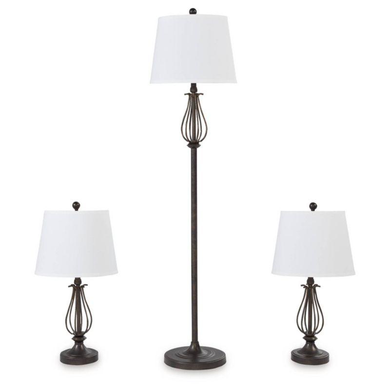 Signature Design by Ashley Brycestone Floor Lamp with 2 Table Lamps Brown/Beige: Metallic Base, 3-Way Switch, UL Listed