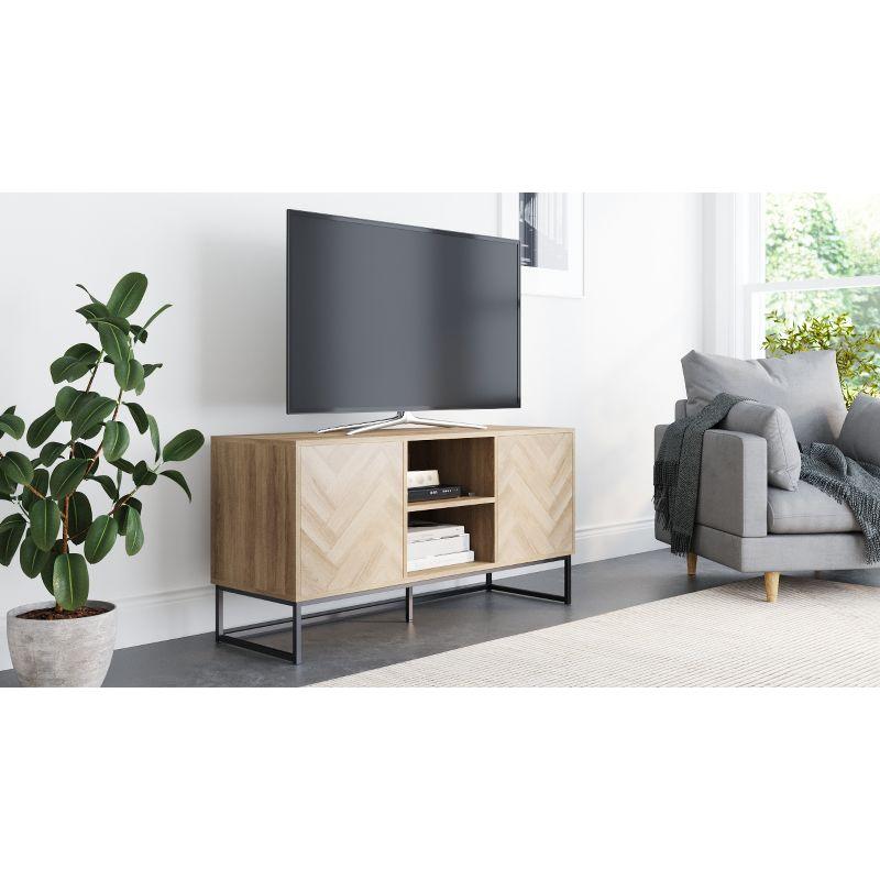 Nathan James Dylan Herringbone Media Cabinet Light Golden Oak Matte Black: Entertainment Center with Cable Management, Fits 55" TV