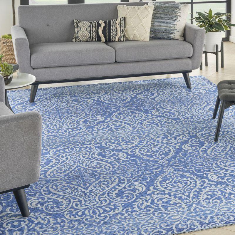 Waverly Blue Damask Washable Synthetic Area Rug, 8' x 10'