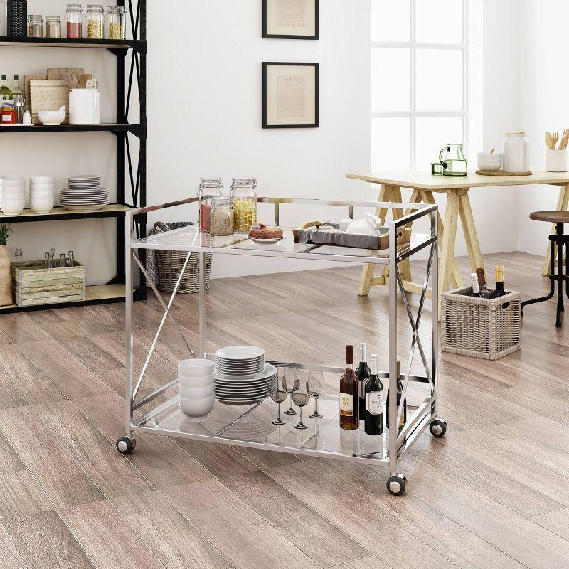 Ignatius Industrial Modern Bar Cart Silver - Christopher Knight Home: Tempered Glass, Mobile Stand, 2 Shelves