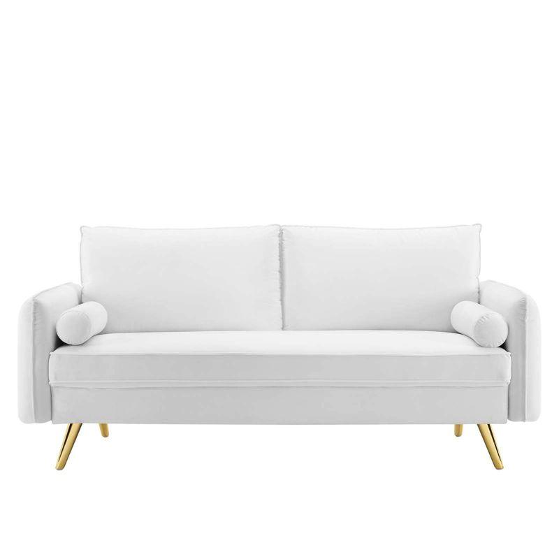 Revive Performance Velvet Sofa White - Modway: Upholstered Couch with Gold Legs & Bolster Pillows