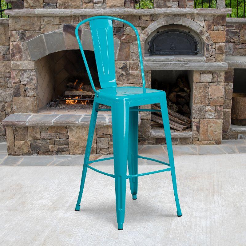 Flash Furniture Commercial Grade 30" High Crystal Teal-Blue Metal Indoor-Outdoor Barstool with Back