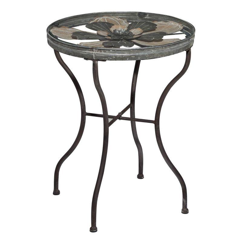 Round Weathered Metal and Glass Floral Accent Table