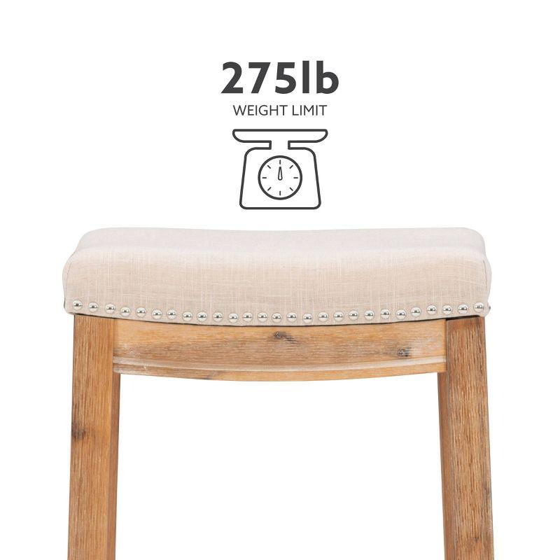 Claridge Backless Nailhead Saddle Acacia Counter Height Barstool Natural - Linon: Chic Beige Linen Seat, Rubberwood