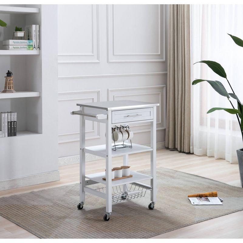 Hennington Kitchen Cart with Stainless Steel Top White - Boraam: Modern Design, Pine Frame, 2 Shelves, 1 Drawer