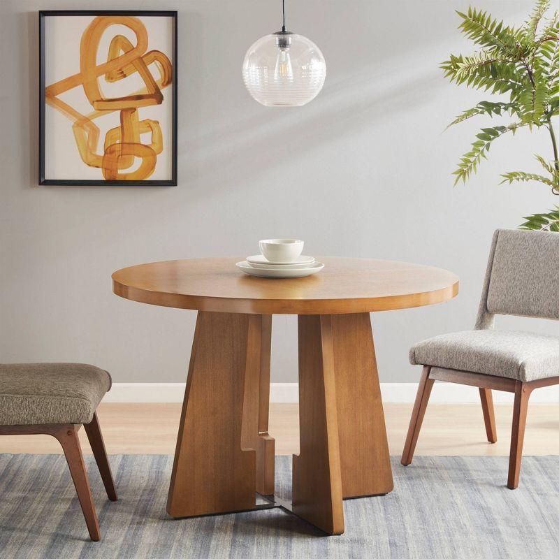 Pecan Wood Round Dining Table with X-Base, Seats 4