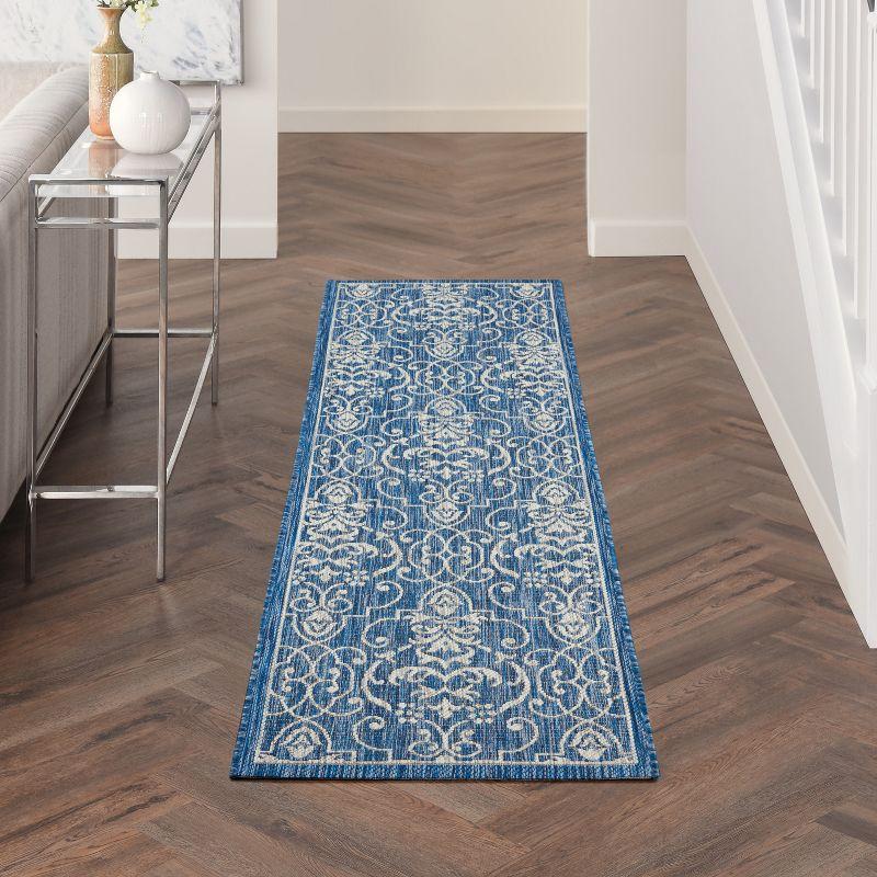Timeless Denim and White Party Scroll 2'2" x 7'6" Indoor/Outdoor Rug