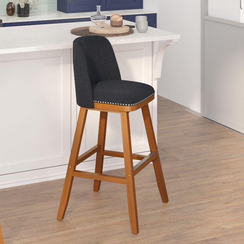 Flash Furniture 2 Pack Commercial Walnut Finish Wood Barstools with Nail Trim-Charcoal Faux Linen