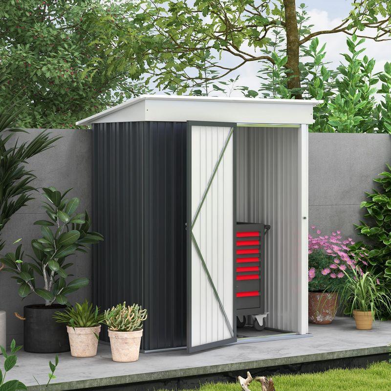 Dark Gray Metal Outdoor Storage Shed with Shelving