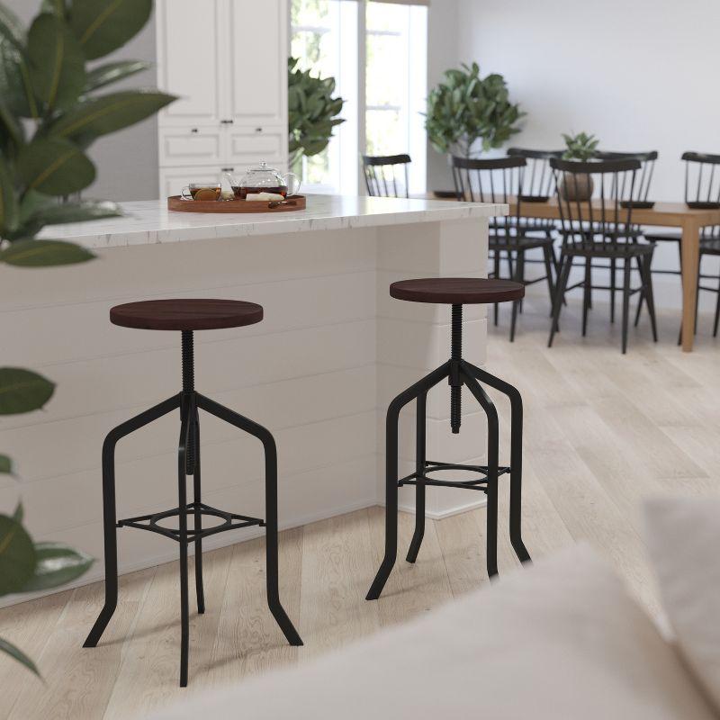 Sleek 30'' Adjustable Black Metal and Wood Swivel Bar Stool