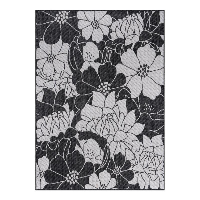 Black and White Floral Synthetic 5' x 7' Flatwoven Area Rug