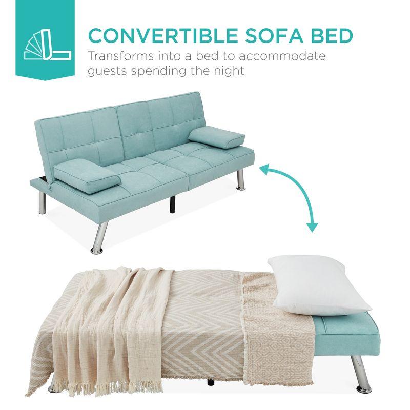 Best Choice Products Modern Linen Convertible Futon Sofa Bed w/ Removable Armrests, Metal Legs, Cupholders - Aqua