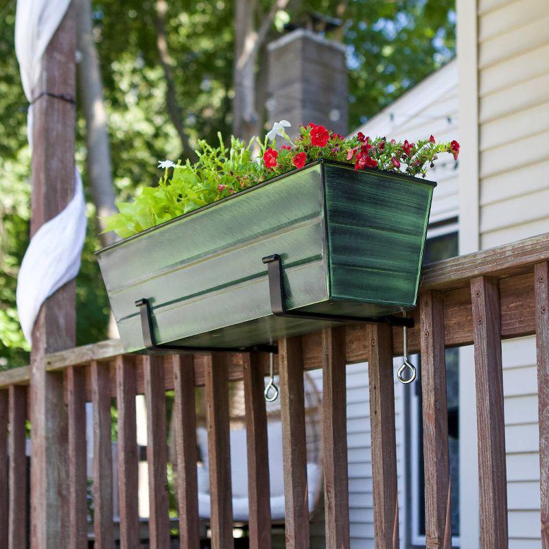 ACHLA Designs 24" Wide Rectangular Flower Box Galvanized Steel with Black Wrought Iron Clamp-On Brackets Green Patina