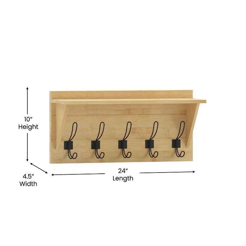 Merrick Lane Pine Wood 24 Inch Wall Mount Storage Rack with 5 Hanging Hooks and Upper Display Shelf