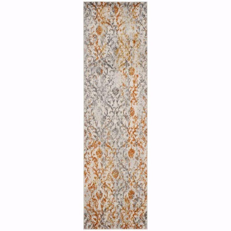 Ivory and Orange Damask Low Pile Runner Rug