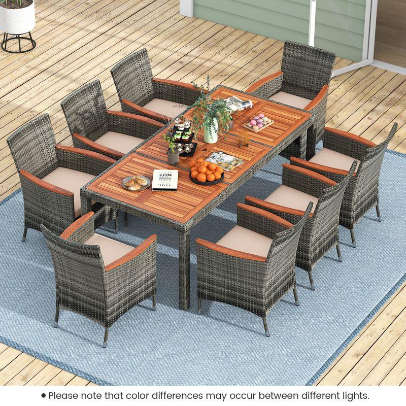 Mix Gray 9-Piece Outdoor Wicker Dining Set with Acacia Wood Table and Beige Cushions