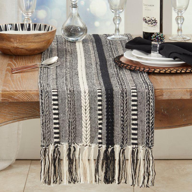 Saro Lifestyle Fringe Detail Braided Stripe Table Runner, 14"x72", Black