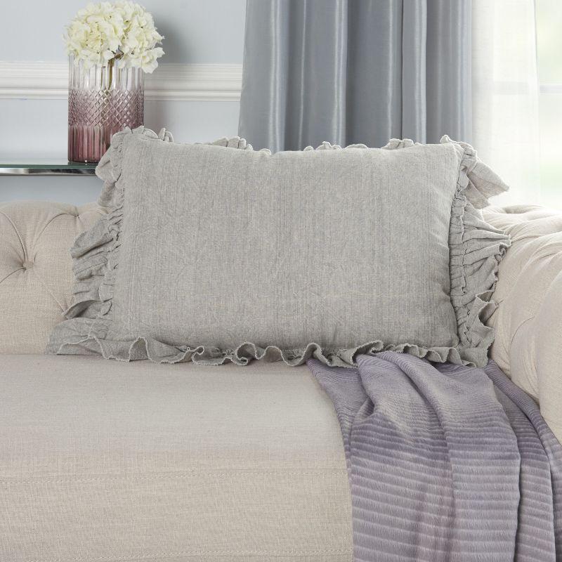 Gray Linen Rectangular Throw Pillow with Frilled Border