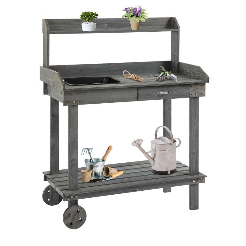 Gray Wooden Potting Bench with Sink and Storage