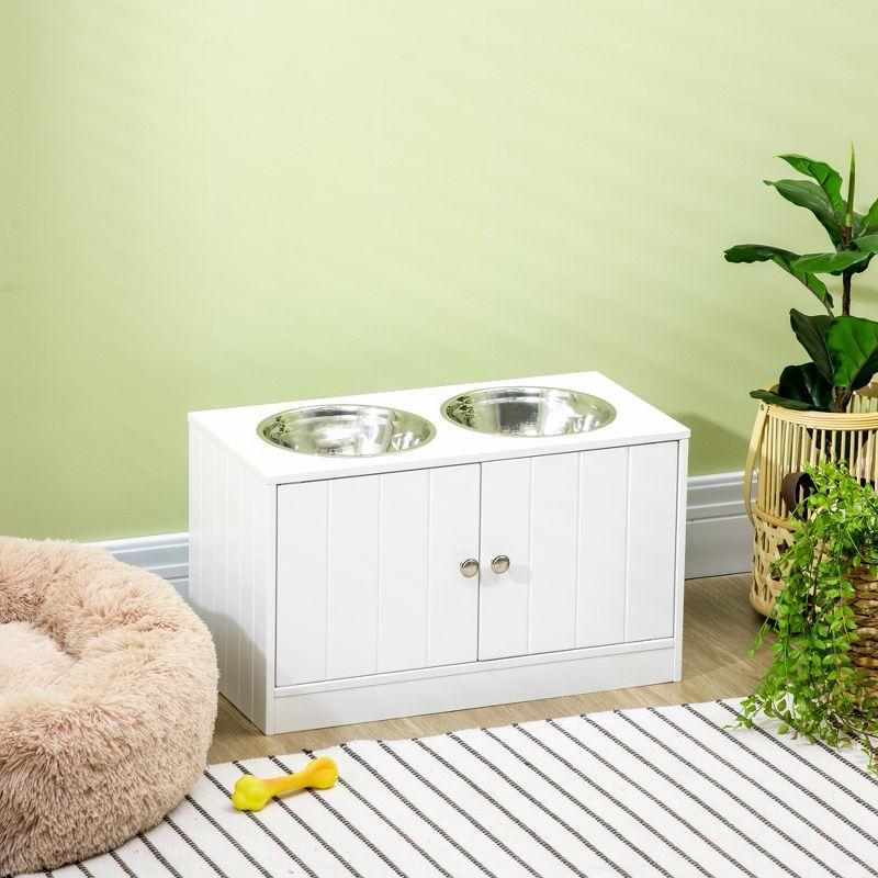 PawHut Elevated Dog Bowls with Storage Cabinet Containing 44L Capacity, Large Raised Dog Bowl Stand Pet Food Bowl Dog Feeding Station, White