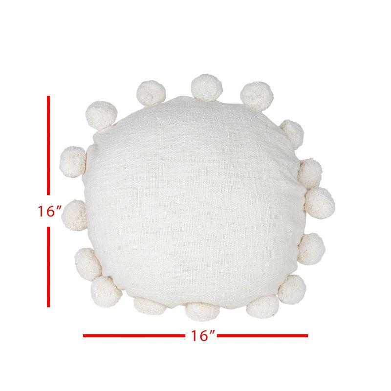 White with Pom Poms 16X16 Hand Woven Filled Round Pillow - Foreside Home & Garden