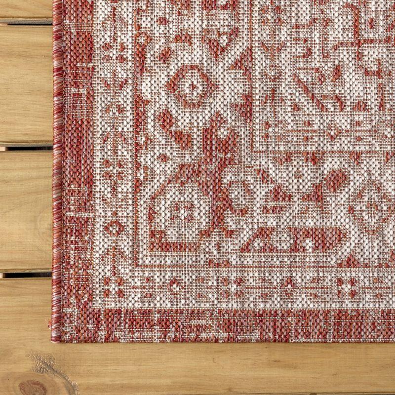 5' Square Sinjuri Medallion Textured Weave Indoor/Outdoor Area Rug, Red/Taupe - JONATHAN Y